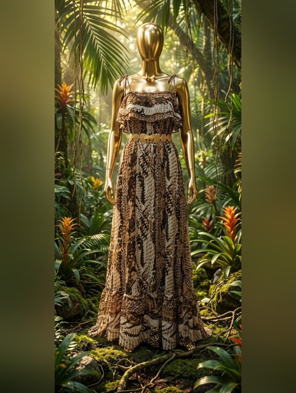 Vintage Boho Snake-Print Maxi Dress in Neutral Browns